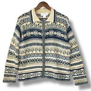 Casual Corner Annex Vintage XL Fair Isle Knit Zip Up Cardigan Sweater Blue Cream